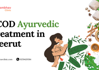 A vibrant banner for Sambhav Clinic showcasing PCOD Ayurvedic Treatment in Meerut with a woman sitting surrounded by herbal elements, Ayurvedic tools, and natural wellness imagery.