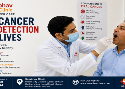 Doctor examining a patient's mouth for early signs of oral cancer