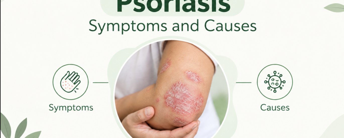 Psoriasis symptoms showing red, scaly patches on the elbow