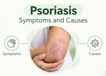 Psoriasis symptoms showing red, scaly patches on the elbow